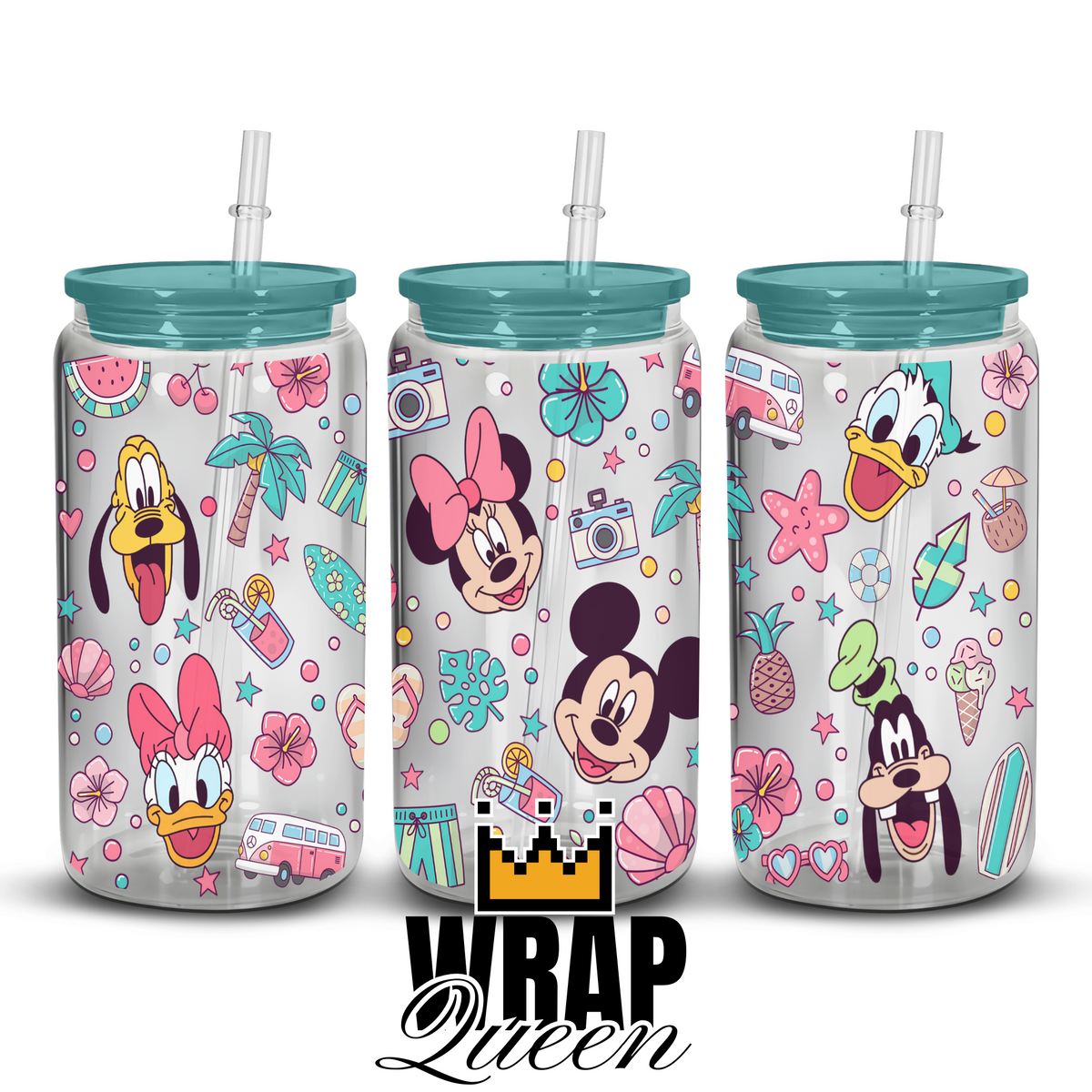 Mouse and friends beach holiday summer 2 UV DTF 16oz Glass Cup Wrap