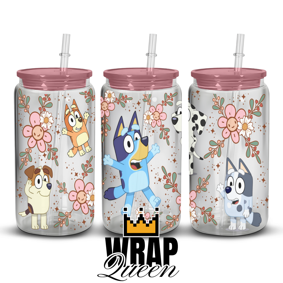 Australian Dog Cartoon Floral UV DTF 16oz Glass Cup Wrap