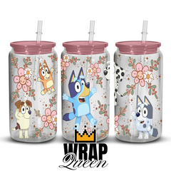 Australian Dog Cartoon Floral UV DTF 16oz Glass Cup Wrap