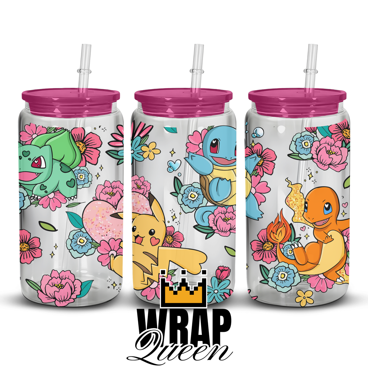 Anime Pokemon Floral UV DTF 16oz Glass Cup Wrap