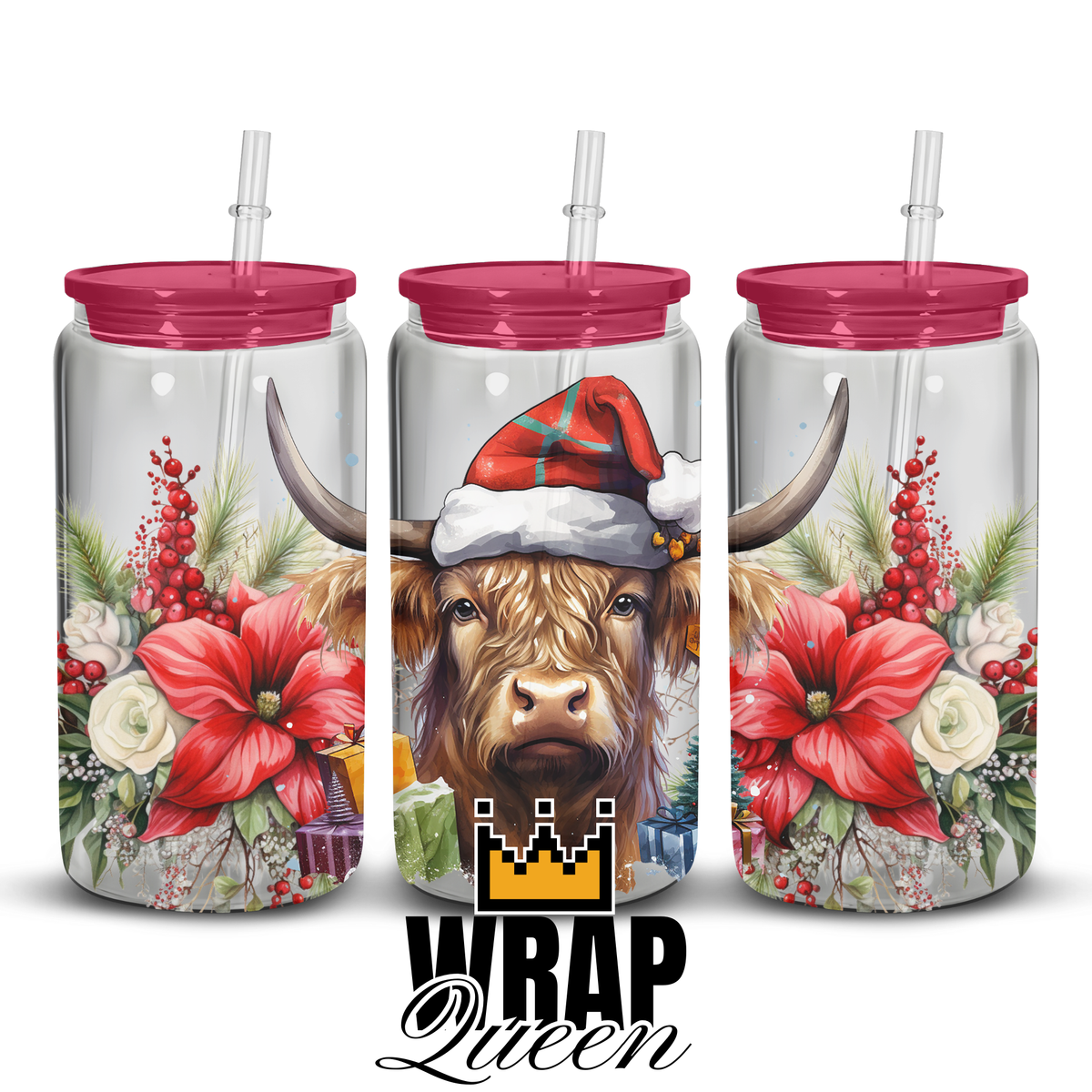 Highland Cow Red Floral 1 Animal UV DTF 16oz Glass Cup Wrap