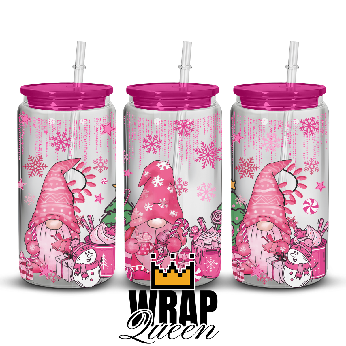 Christmas Pink Gonk UV DTF 16oz Glass Cup Wrap