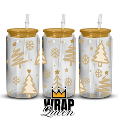 Christmas Tree Gold 6 UV DTF 16oz Glass Cup Wrap