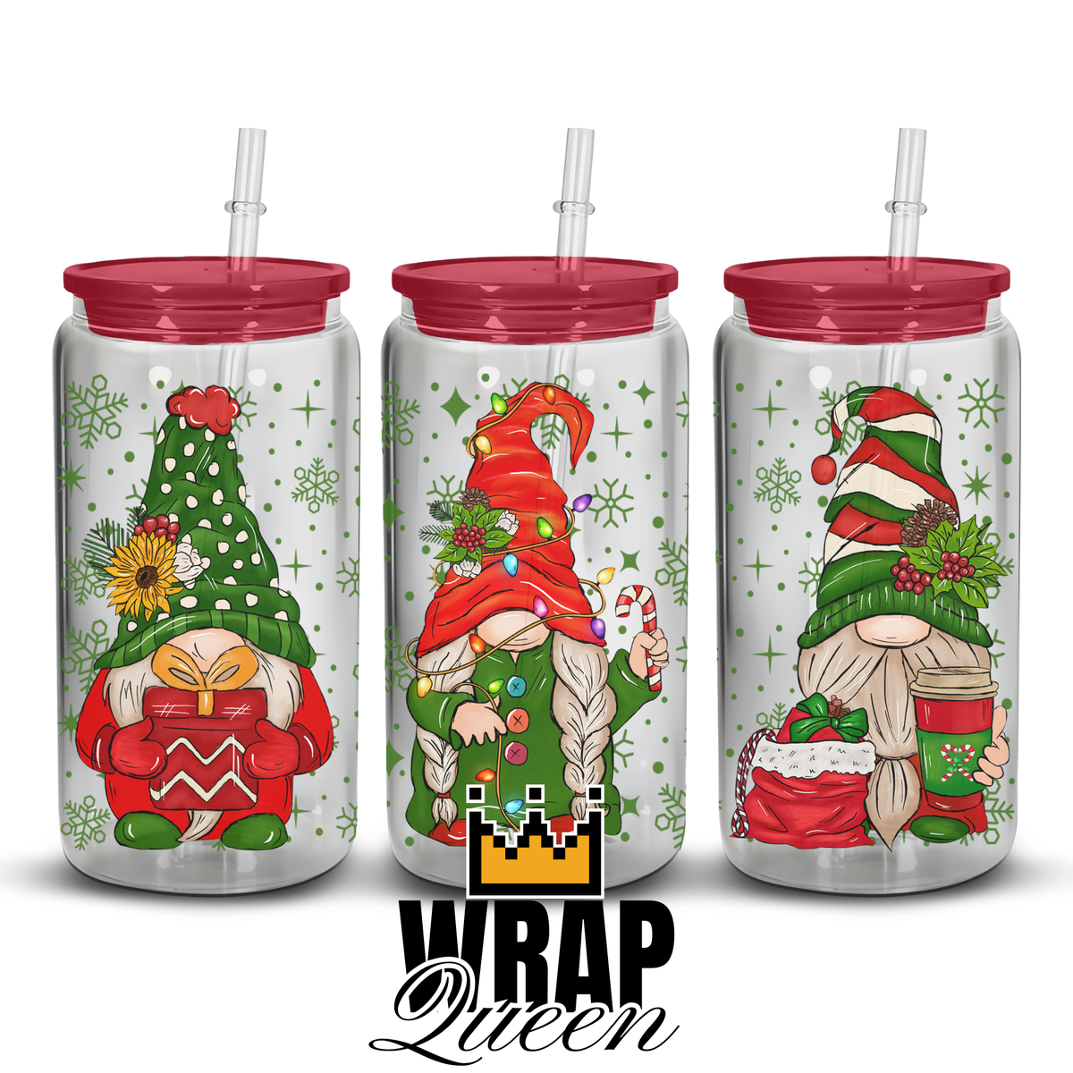 Christmas Gonk UV DTF 16oz Glass Cup Wrap