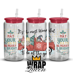 Gonk Truck May your days be merry and bright most wonderful time UV DTF 16oz Glass Cup Wrap