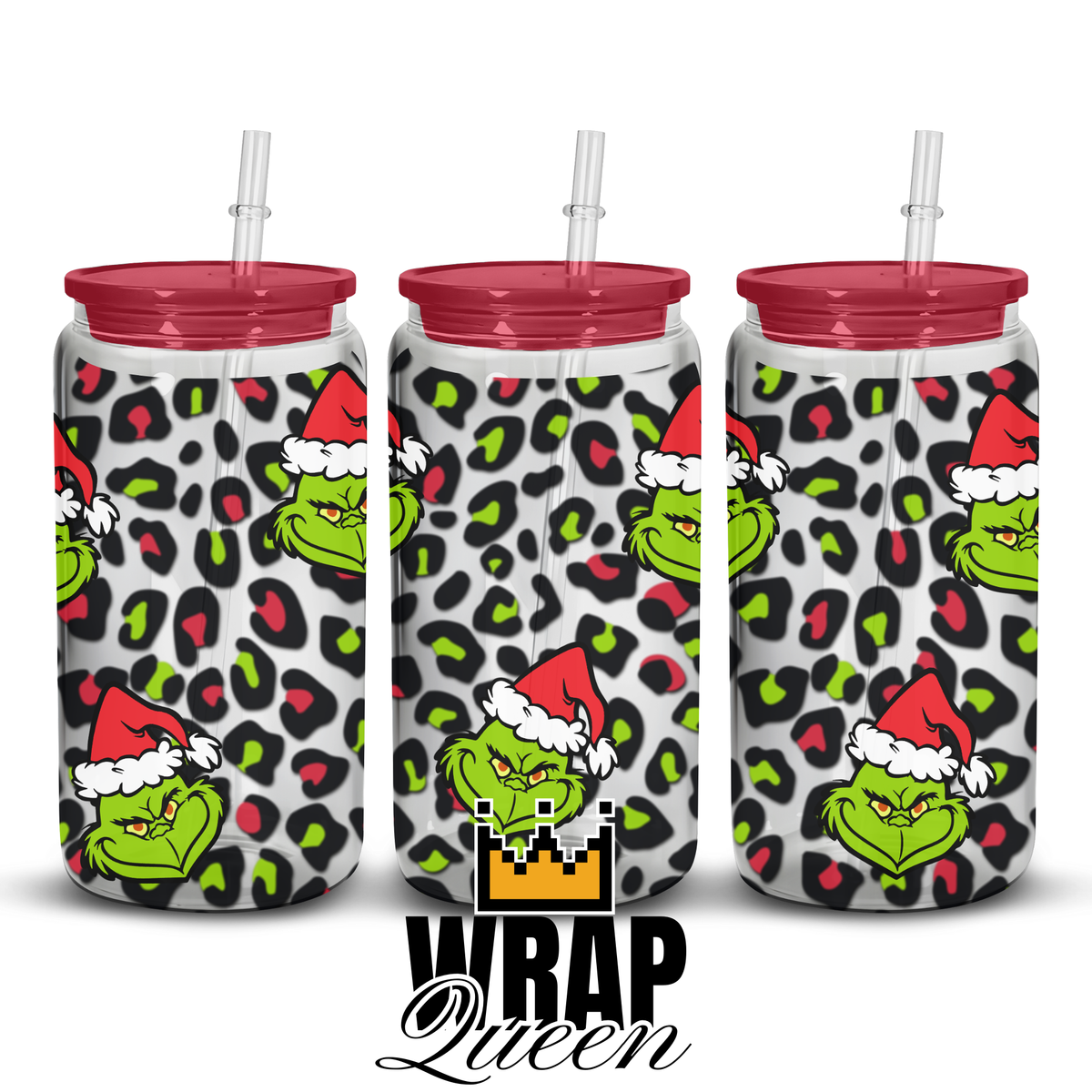 Grinch Leopard print UV DTF 16oz Glass Cup Wrap