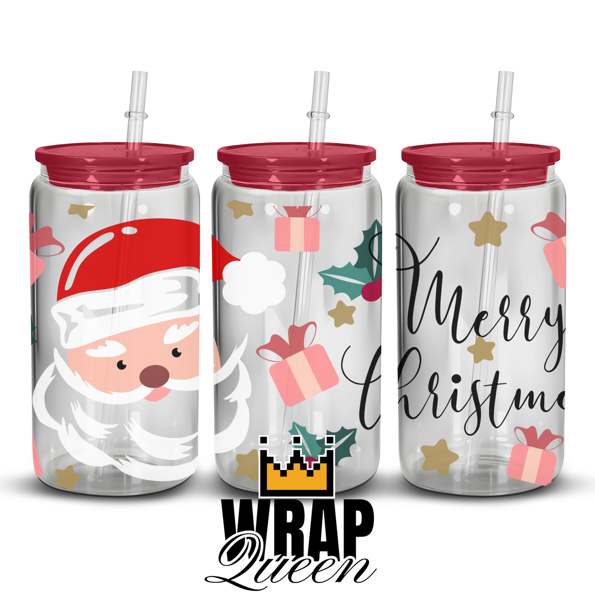 Santa Merry Christmas UV DTF 16oz Glass Cup Wrap