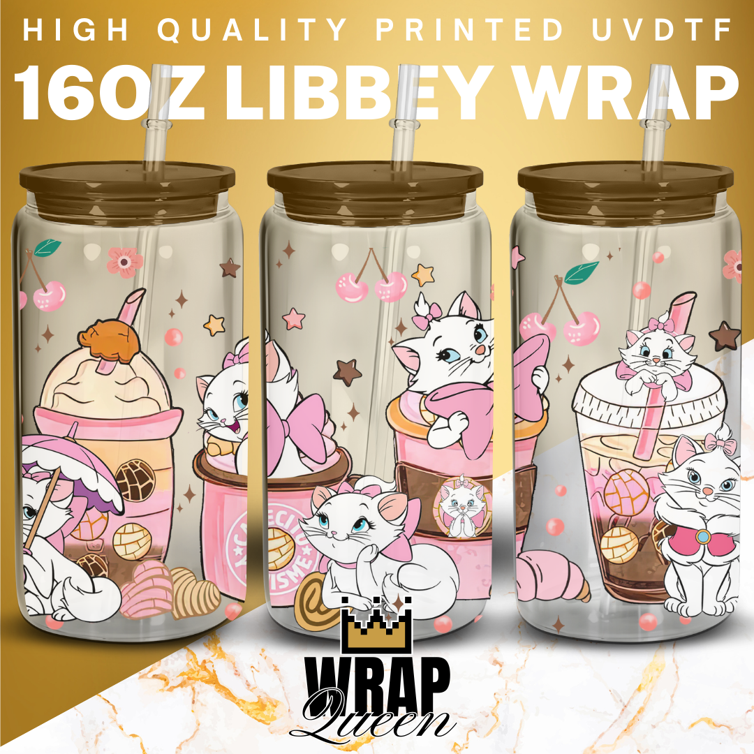 Cat Cups Cartoon Film UV DTF 16oz Glass Cup Wrap