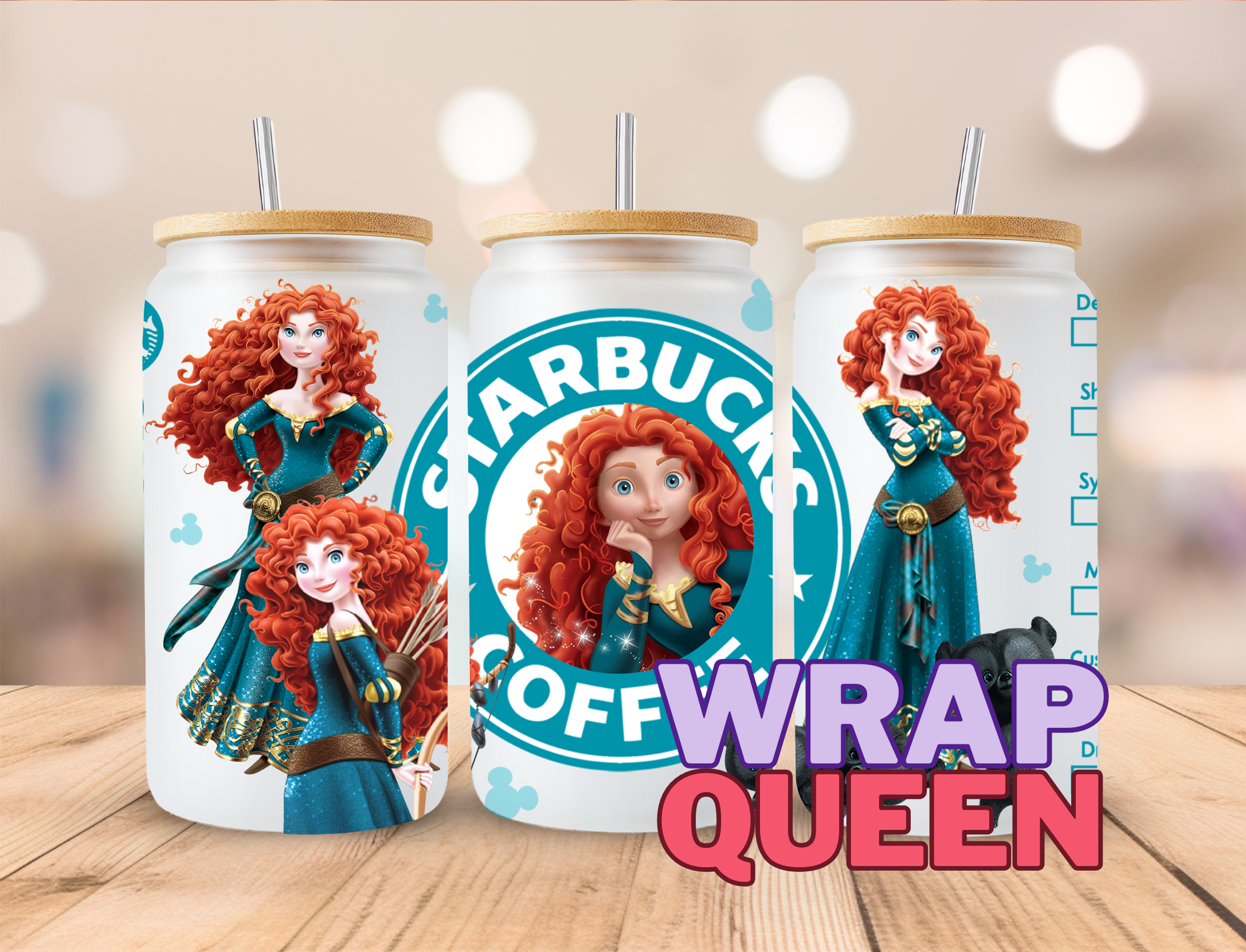 Princess Merida Brave Coffee UV DTF 16oz Glass Cup Wrap