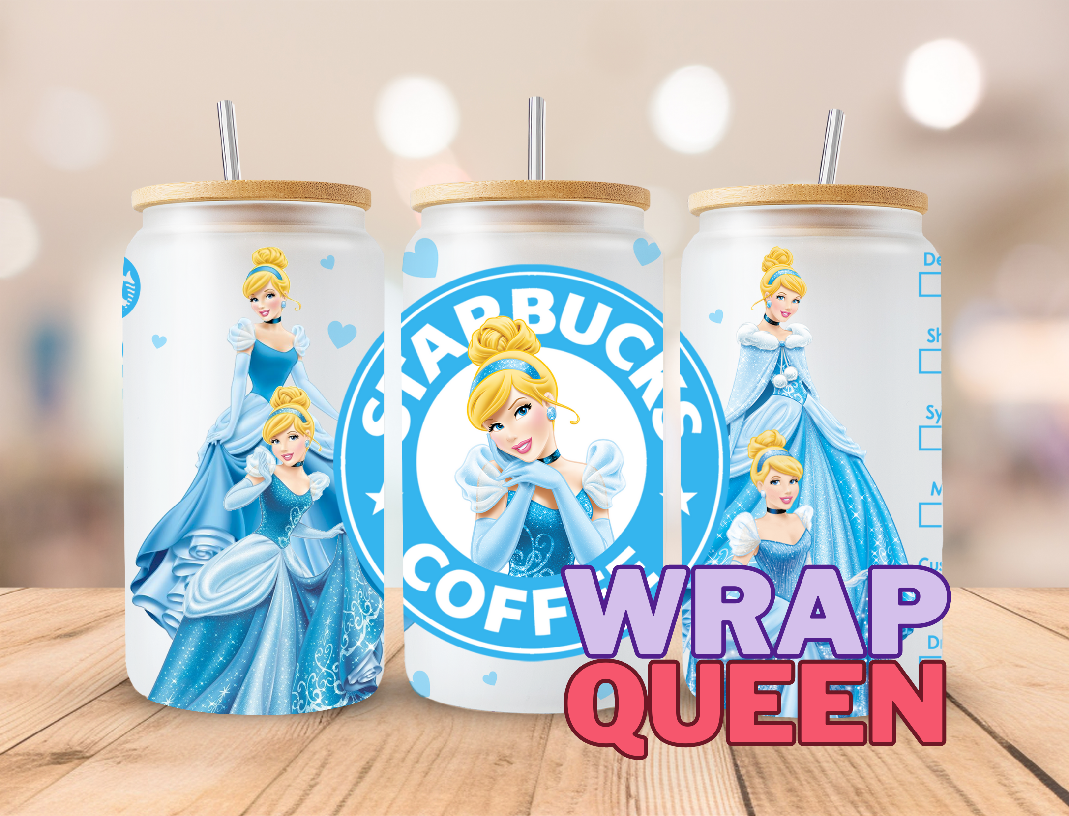 Princess Cinderella Coffee UV DTF 16oz Glass Cup Wrap