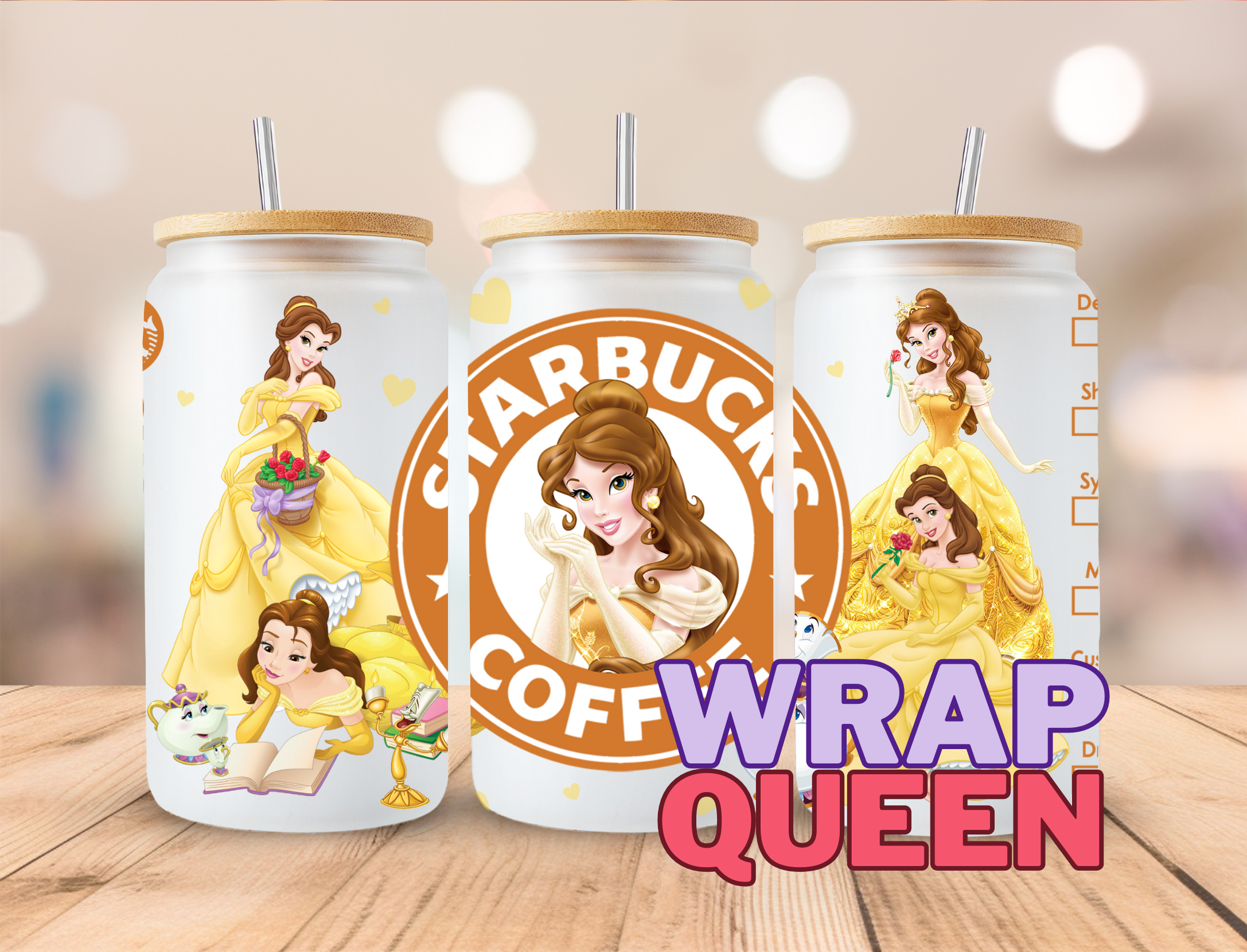 Princess Belle Coffee UV DTF 16oz Glass Cup Wrap