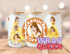 Princess Belle Coffee UV DTF 16oz Glass Cup Wrap