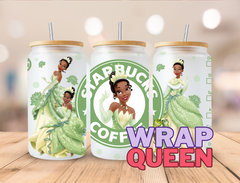 Princess Frog Tiana Coffee UV DTF 16oz Glass Cup Wrap