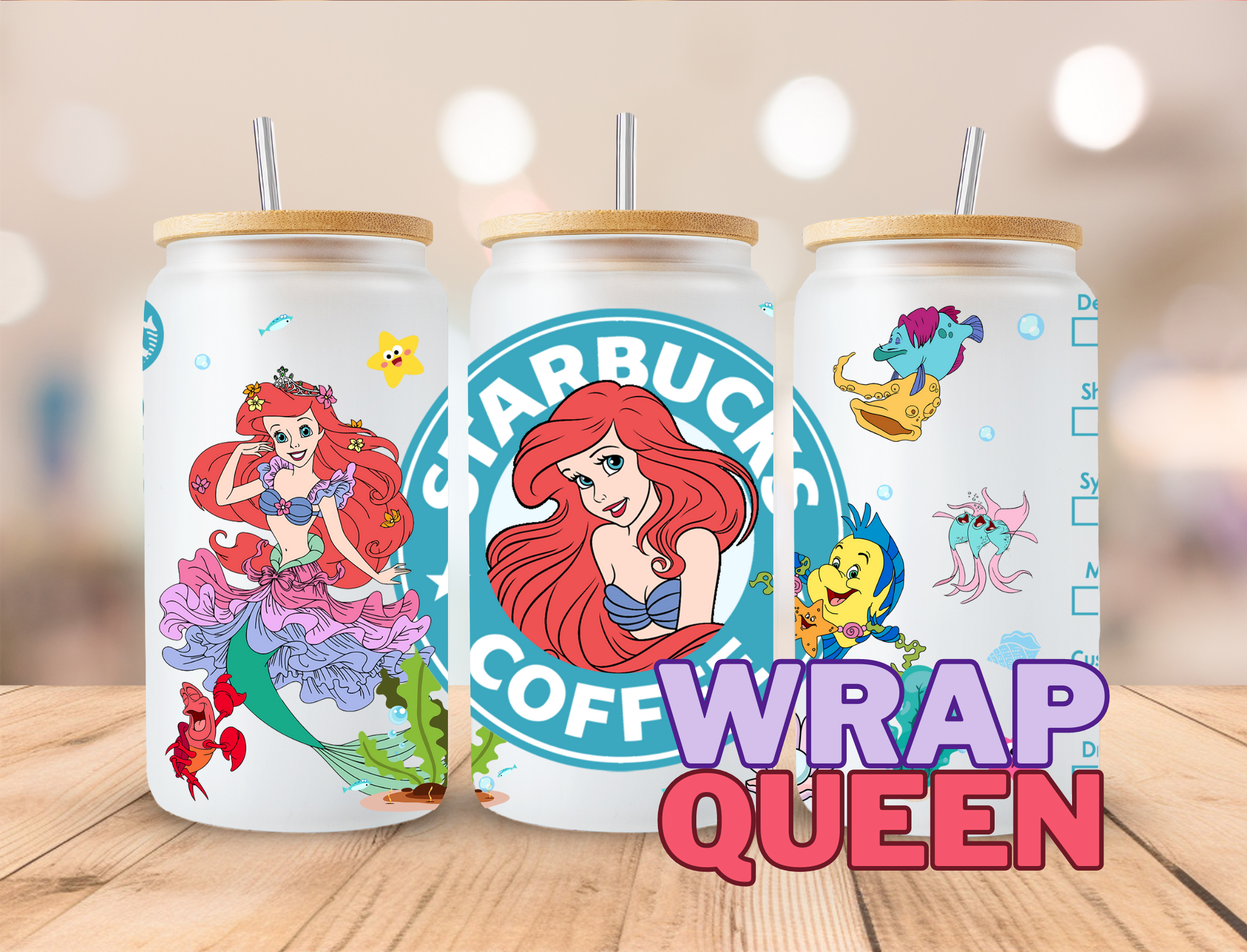 Princess Mermaid Ariel Coffee UV DTF 16oz Glass Cup Wrap